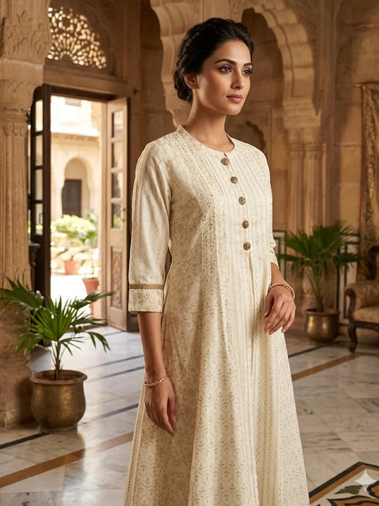 Poly Viscose Printed Layered Calf Length Kurta - White