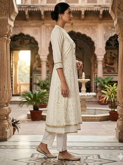 Poly Viscose Printed Layered Calf Length Kurta - White