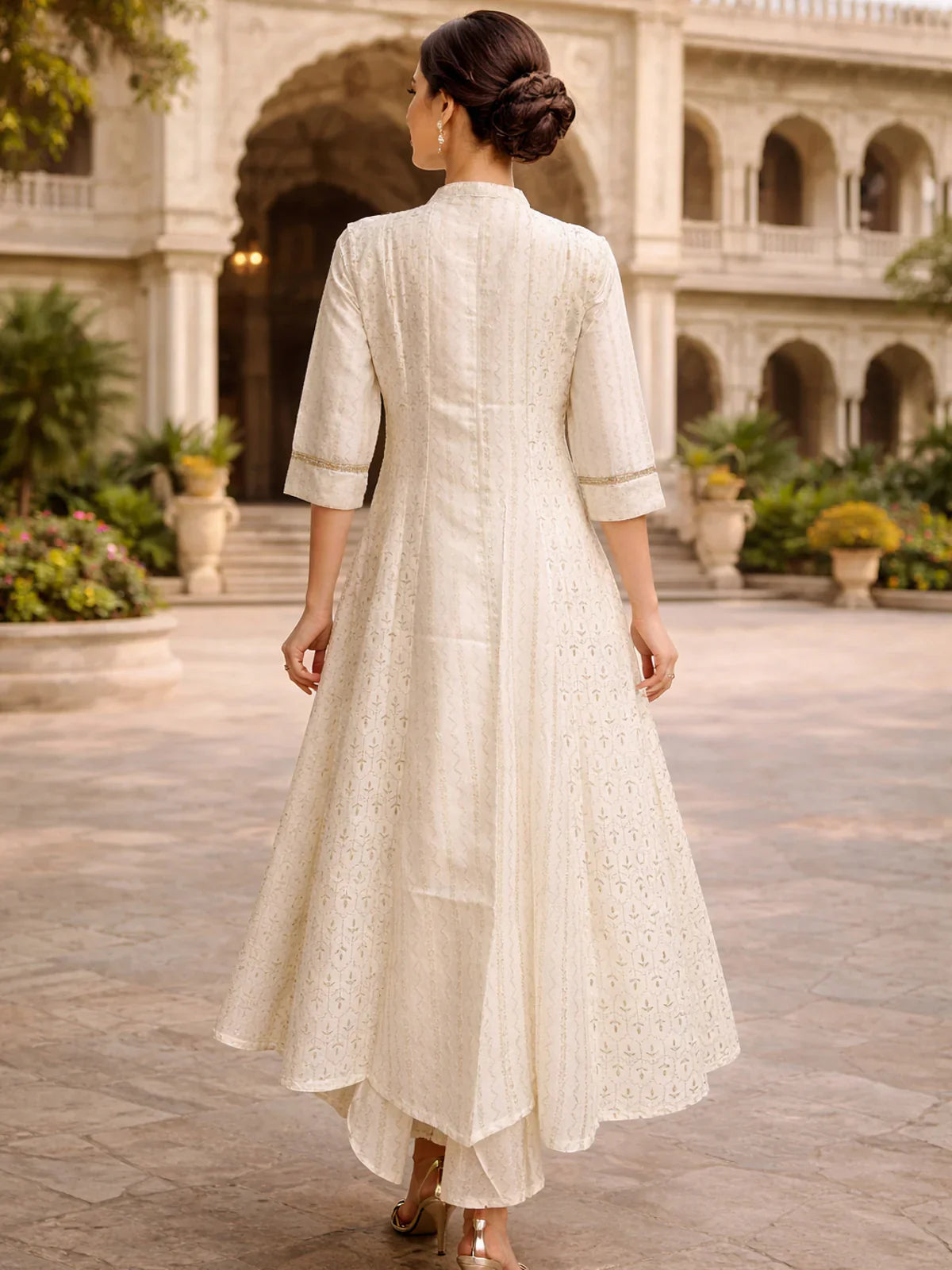 Poly Viscose Printed Layered Calf Length Kurta - White