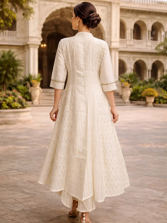 Poly Viscose Printed Layered Calf Length Kurta - White