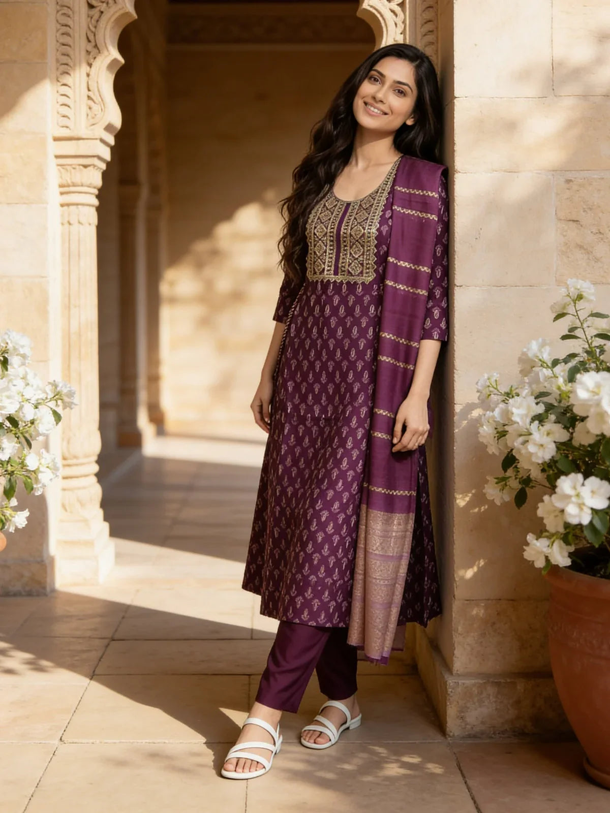 Labisa Embroidered Anarkali Calf Length Kurta With Pant and Dupatta - Wine